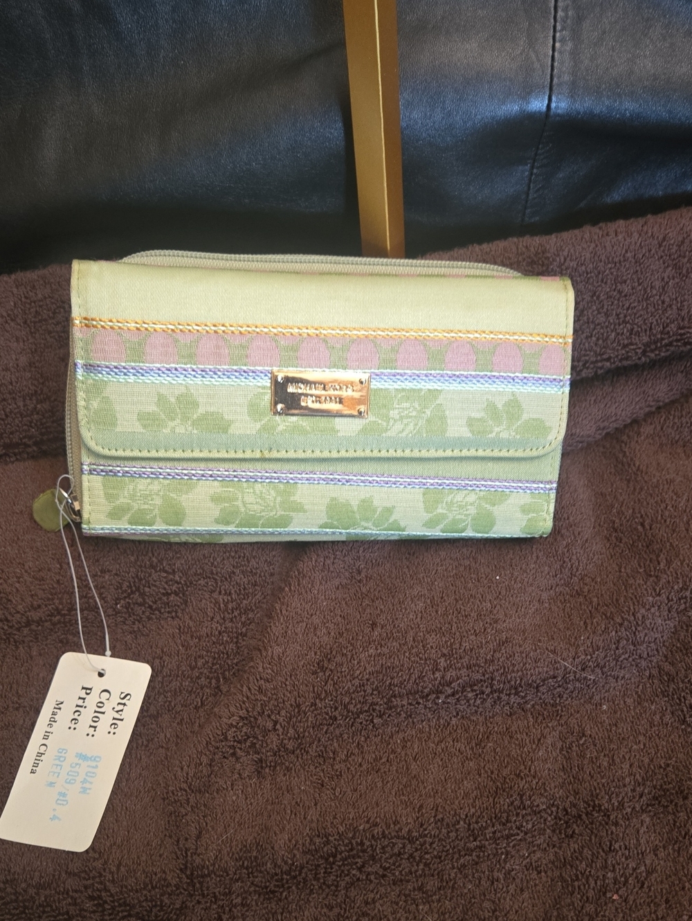 Michael Kors Green Floral Zip Wallet with Gold Plaque